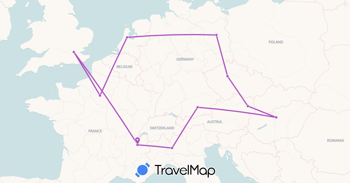 TravelMap itinerary: train in Austria, Czech Republic, Germany, France, United Kingdom, Hungary, Italy, Netherlands (Europe)